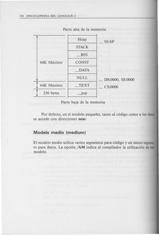 Heap
STACK
_BSS
CONST
_DATA
NULL
_TEXT
_psp
t 64K Maximo
t 256 bytes
_ DS:OOOO,SS:OOOO
_ CS:OOOO
Por defecto, en el modelo pequeno, tanto al c6digo como a los datos
se accede con direcciones near.
El modelo medio utiliza varios segmentos para c6digo y un unico segmen·
to para datos. La opci6n lAM indica al compilador la utilizaci6n de este
modelo.
 