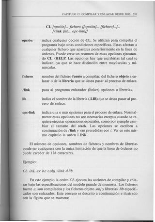 CL [opeton]... jiehero [[opeton]... Uiehero]...]...
[/link [lib... ope-link]]
indica cualquier opci6n de CL. Se utilizan para compilar el
program a bajo un as condiciones especificas. Estas afectan a
cualquier fichero que aparezca posteriormente en la linea de
6rdenes. Puede verse un resumen de estas opciones ejecutan-
do CL /HELP. Las opciones hay que escribirlas tal cual se
indican, ya que se hace distinci6n entre mayusculas y mi-
nusculas.
nombre del fichero fuente a compilar, del fichero objeto a en-
lazar 0 de la Iibreria que se desea pasar al proceso de enlace.
indica el nombre de la libreria (.Lffi) que se desea pasar al pro-
ceso de enlace.
indica una 0 mas opciones para el proceso de enlace. Normal-
mente estas opciones no son necesarias excepto cuando se re-
quiere ejecutar operaciones especiales, como por ejemplo cam-
biar el tamafio del stack. Las opciones se escriben a
continuaci6n de /link y van precedidas por /. Ver en este mis-
mo capitulo la orden LINK.
El numero de opciones, nombres de ficheros y nombres de librerias
puede ser cualquiera con la unica limitaci6n de que la linea de 6rdenes no
puede exceder de 128 caracteres.
En este ejemplo la orden CL ejecuta las acciones de compilar y enla-
zar bajo las especificaciones del modele grande de memoria. Los ficheros
fuente .e, son compilados y los ficheros objeto .ob} y librerias .lib especifi-
cados son enlazados. Este proceso es descrito a continuaci6n e ilustrado
con la figura que se muestra:
 