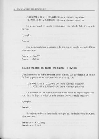 -3.402823E + 38 a -1.175494E-38 para numeros negativos
1.175494E-38 a 3.402823E+38 para numeros positivos
Un numero real en simple precision no tiene mas de 7 digitos signifi-
cativos.
Este ejemplo declara la variable x de tipo real en simple precision. Otros
ejemplos son:
float a = 3.14159;
float b = 2.2e-5;
Un numero real en doble precision es un numero que puede tener un punta
decimal y puede estar comprendido en el range de:
-1.79769E+308 a -2.22507E-308 para numeros negativos
2.22507E-308 a 1.79769E+308 para numeros positivos
Un numero real en doble precision tiene hasta 16 digitos significati-
vos. Esto da lugar a calculos mas exactos que en simple precision.
Este ejemplo declara la variable x de tipo real en doble precision. Otro~
ejemplos son:
double a = 3.1415926;
double b = 2.2e-8;
 
