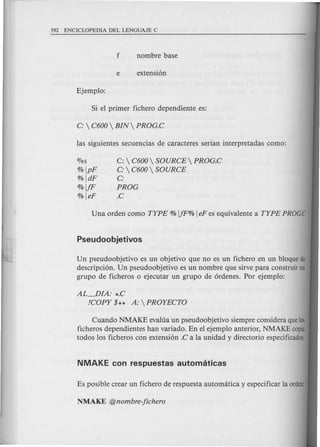 OJos
% IpF
% IdF
%IfF
% IeF
C:  C600  SOURCE  PROG.C
C:  C600  SOURCE
C:
PROG
.C
Un pseudoobjetivo es un objetivo que no es un fichero en un bloque de
descripci6n. Un pseudoobjetivo es un nombre que sirve para construir un
grupo de ficheros 0 ejecutar un grupo de 6rdenes. Por ejemplo:
AL--.DIA: *.C
ICOPY $** A: PROYECTO
Cuando NMAKE evalua un pseudoobjetivo siempre considera que10s
ficheros dependientes han variado. En el ejempl0 anterior, NMAKE copia
todos 10sficheros con extensi6n .C a la unidad y directorio especificados.
 
