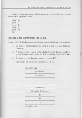 Cuando salgamos del procedimiento, estos registros deben ser restau-
rados en el siguiente orden:
pop ds
pop ss
pop di
pop SI
pop bp
ret
1. La Hamada des de el program a pone en la pila cad a uno de los pa-
nimetros.
2. A continuaci6n se salva en la pila la direcci6n de retorno al pro-
grama. Esta direcci6n puede ser de 2 bytes (near) 0 de 4 bytes (far).
3. Despues el procedimiento salva el registro BP.
4. Por ultimo se salvan los registros SI, Dl etc.
panimetro
panimetro
panimetro
direcci6n de retorno
BP
SI
DI
 