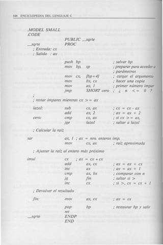 .MODEL SMALL
.CODE
---.Sqrte
,. Entrada: ex
,. Salida : ax
PUBLIC ---.Sqrte
PROC
push bp
mov bp,
mov ex,
mov
mov
jmp
[bp+4]
bx, ex
ax, 1
SHORT eero
,. salvar bp
,.preparar para aeeedera
,.pardmetros
,. eargar el argumento
,. haeer una eopia
,.primer mimero impar
, <: n <= 0 ?
lazol: sub ex, ax ,. ex = ex - ax
add ax, 2 ,. ax = ax + 2
eero: emp ex, ax ,. si ex > = ax,
jge lazol ,. saltar a lazol
ax, 1 ,. ax = nro. enteros imp.
mov ex, ax ,. razz aproximada
imul ex ,. ax = ex * ex
add ax, ex ,. ax = ax + ex
ine ax ,. ax = ax + 1
emp ax, bx ,. eomparar eon n
jg fin ,. saltar si >
ine ex ,. si >, ex = ex + 1
mov ax, ex
pop bp
ret
ENDP
END
 