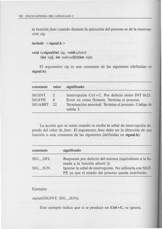 la funci6n June cuando durante la ejecuci6n del proceso se de la interrup-
ci6n sig.
void (*signal(int sig, void(*!une)
(int sig[, int subeod))))(int sig);
EI argumento sig es una constante de las siguientes (definidas en
signal.h):
SIGINT 2
SIGFPE 8
SIGABRT 22
Interrupci6n Ctrl +C. Por defecto emite INT Ox23.
Error en coma flotante. Termina el proceso.
Terminaci6n anormal. Termina el proceso. C6digo de
salida 3.
La acci6n que se toma cuando se recibe la seftal de interrupci6n de-
pende del valor de June. EI argumento June debe ser la direcci6n de una
funci6n 0 una constante de las siguientes (definidas en signal.h):
Respuesta por defecto del sistema (equivalente a la lla-
mad a a la funci6n abort( ).
Ignorar la seftal de interrupci6n. No utilizarla con SIGF-
PE ya que el estado del proceso queda indefinido.
 