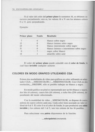 Si al valor del color del primer plano Ie sumamos 16, se obtienen ca-
racteres parpadeando; esto es, los valores 16 a 31 son los mismos colores
o a 15, pero parpadeando.
blanco sobre negro
blanco intenso sobre negro
blanco intermitente sobre negro
blanco intenso e intermitente sobre negro
negro sobre blanco
amarillo sobre azul
El color del primer plano puede coincidir con el color de fondo, 10
cual hace invisible cualquier canicter.
Existen dos modalidades de video para gnificos en color utilizando un adap-
tador CGA: ~RES4COWR y ~RESNOCOWR. Con CGA en alta
resolucion,_HRESBW, solo es posible trabajar en blanco y negro.
En modo gnifico un pixel es representado por un bit (blanco y negro),
dos bits (4 colores), cuatro bits (16 colores), u ocho bits (256 colores), de-
pendiendo del modo seleccionado.
Con la modalidad de video ~RES4COWR, se dispone de cuatro
paletas de cuatro colores cada una. Cada color tiene asociado un valor or-
dinal de 0 al 3. El color 0 es el color de fondo, 10 que producini una salida
invisible y los colores dell al 3, son tres colores de los 16 posibles.
 