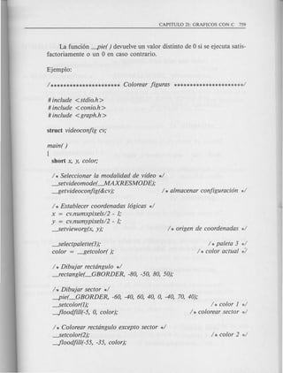 La funci6n -pie( ) devue1ve un valor distinto de 0 si se ejecuta satis-
factoriamente 0 un 0 en caso contrario.
# include <stdio.h>
# include <conio.h >
# include <graph.h >
main( )
(
short x, y, color;
/ * Seleccionar la modalidad de video */
--.Setvideomode( --.MAXRESMODE);
---l:etvideoconjig(&cv); / * almacenar conjiguracion */
/ * Establecer coordenadas logicas */
x = cv.numxpixels/2 - 1;
y = cv.numypixels/2 - 1;
-setvieworg(x, y);
-selectpalette(3 );
color = ---l:etcolor( );
/ *paleta 3 */
/ * color actual *!
/ * Dibujar rectdngulo */
-,"ectangle(_GBORDER, -80, -50, 80, 50);
l* Dibujar sector */
-pie(_GBORDER, -60, -40, 60, 40, 0, -40, 70, 40);
-setcolor(1);
-floodjil/(-5, 0, color);
/ * color 1 */
/ * colorear sector */
/ * Colorear rectdngulo excepto sector */
-setcolor(2);
-floodjil/(-55, -35, color);
 