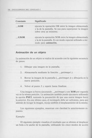 ejecuta la operacion OR entre la imagen almacenada
y la de la pantalla. Se usa para superponer la imagen
sobre otra ya existente.
ejecuta la operacion XOR entre la imagen almacenada
y la de la pantalla. Es un modo especial utilizado a me-
nudo para animaci6n.
La animacion de un objeto se realiza de acuerdo con la siguiente secuencia
de pasos:
3. Borrar la imagen de la pantalla (-putimage( )) y dibujarla en la
nueva posicion.
Una imagen se borra ejecutando -putimage( ) con XOR por segunda
vez en la misma posicion. La animacion tambien puede ejecutarse utilizando
la opcion PSET, teniendo la precaucion de que una nueva imagen borre
la anterior. En este ultimo caso, el rectangulo debe ser suficiente, para que
ademas de recoger la imagen, recoja tambien el desplazamiento de la misma.
Los siguientes ejemplos, muestran con claridad 10 anteriormente ex-
puesto.
El siguiente ejemplo visualiza el resultado que se obtiene al desplazar
un bola a 10 ancho de la pantalla, utilizando los cinco modos de accion
 