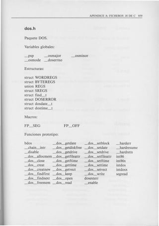 _psp _osmajor
_osmode _doserrno
struct WORDREGS
struct BYTEREGS
union REGS
struct SREGS
struct find_t
struct DOSERROR
struct dosdate_t
struct dostime_t
bdos _dos----,getdate
_chain~ntr _dos----,getdiskfree
_disable _dos----,getdrive
_dos_allocmem _dos----,getfileattr
_dos_close _dos----,getftime
_dos_creat _dos~ettime
_dos_creatnew _dos_getvect
_dos_findfirst _dos_keep
_dos_findnext _dos_open
_dos_freemem _dos-fead
_dos_setblock
_dos_setdate
_dos_setdrive
_dos_setfileattr
_dos_setftime
_dos_settime
_dos_setvect
_dos_write
dosexterr
_enable
_harderr
jardresume
_hardretn
int86
int86x
intdos
intdosx
segread
 