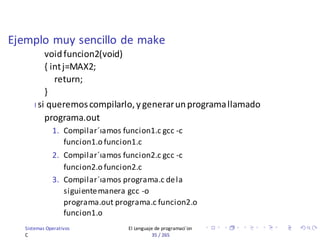 Ejemplo muy sencillo de make
Sistemas Operativos El Lenguaje de programaci´on
C 35 / 265
voidfuncion2(void)
{ intj=MAX2;
return;
}
I si queremoscompilarlo,ygenerarunprogramallamado
programa.out
1. Compilar´ıamos funcion1.c gcc -c
funcion1.o funcion1.c
2. Compilar´ıamos funcion2.c gcc -c
funcion2.o funcion2.c
3. Compilar´ıamos programa.c dela
siguientemanera gcc -o
programa.out programa.c funcion2.o
funcion1.o
 