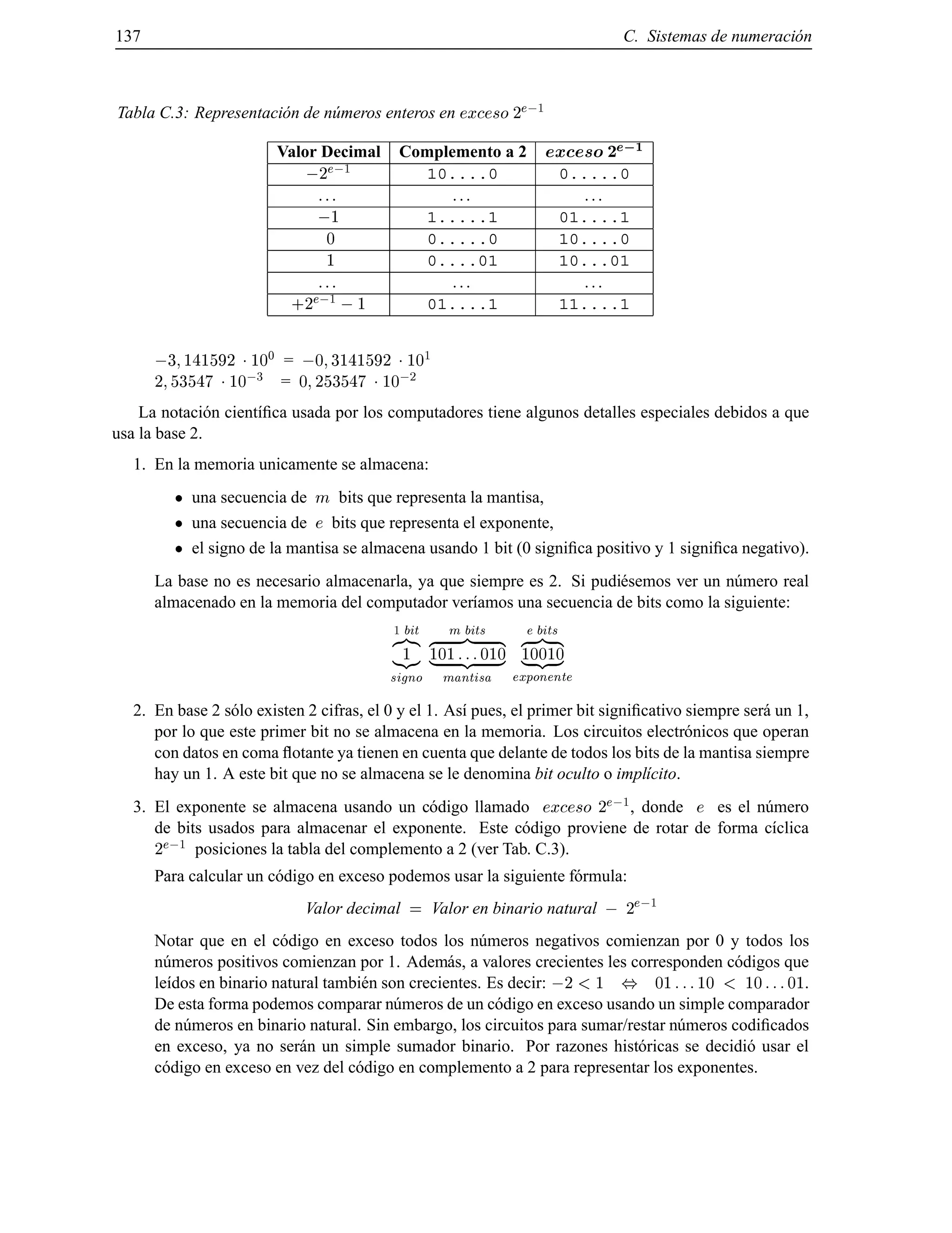 137 C. Sistemas de numeraci´on
Tabla C.3: Representaci´on de n´umeros enteros en exceso 2
e;1
Valor Decimal Complemento a 2 exceso 2e;1
;2
e;1
10....0 0.....0
... ... ...
;1 1.....1 01....1
0 0.....0 10....0
1 0....01 10...01
... ... ...
+2
e;1
;1 01....1 11....1
;3 141592 10
0
= ;0 3141592 10
1
2 53547 10
;3
= 0 253547 10
;2
La notaci´on cient´ıﬁca usada por los computadores tiene algunos detalles especiales debidos a que
usa la base 2.
1. En la memoria unicamente se almacena:
una secuencia de m bits que representa la mantisa,
una secuencia de e bits que representa el exponente,
el signo de la mantisa se almacena usando 1 bit (0 signiﬁca positivo y 1 signiﬁca negativo).
La base no es necesario almacenarla, ya que siempre es 2. Si pudi´esemos ver un n´umero real
almacenado en la memoria del computador ver´ıamos una secuencia de bits como la siguiente:
1 bitz}|{
1
|{z}
signo
m bitsz }| {
101 :::010
| {z }
mantisa
e bitsz }| {
10010
| {z }
exponente
2. En base 2 s´olo existen 2 cifras, el 0 y el 1. As´ı pues, el primer bit signiﬁcativo siempre ser´a un 1,
por lo que este primer bit no se almacena en la memoria. Los circuitos electr´onicos que operan
con datos en coma ﬂotante ya tienen en cuenta que delante de todos los bits de la mantisa siempre
hay un 1. A este bit que no se almacena se le denomina bit oculto o impl´ıcito.
3. El exponente se almacena usando un c´odigo llamado exceso 2
e;1
, donde e es el n´umero
de bits usados para almacenar el exponente. Este c´odigo proviene de rotar de forma c´ıclica
2
e;1
posiciones la tabla del complemento a 2 (ver Tab. C.3).
Para calcular un c´odigo en exceso podemos usar la siguiente f´ormula:
Valor decimal = Valor en binario natural ; 2
e;1
Notar que en el c´odigo en exceso todos los n´umeros negativos comienzan por 0 y todos los
n´umeros positivos comienzan por 1. Adem´as, a valores crecientes les corresponden c´odigos que
le´ıdos en binario natural tambi´en son crecientes. Es decir: ;2 < 1 , 01 :::10 < 10 :::01.
De esta forma podemos comparar n´umeros de un c´odigo en exceso usando un simple comparador
de n´umeros en binario natural. Sin embargo, los circuitos para sumar/restar n´umeros codiﬁcados
en exceso, ya no ser´an un simple sumador binario. Por razones hist´oricas se decidi´o usar el
c´odigo en exceso en vez del c´odigo en complemento a 2 para representar los exponentes.
© Los autores, 2000; © Edicions UPC, 2000.
 