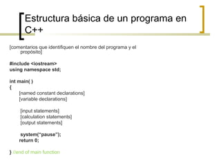 Estructura básica de un programa en
C++
[comentarios que identifiquen el nombre del programa y el
propósito]
#include <iostream>
using namespace std;
int main( )
{
[named constant declarations]
[variable declarations]
[input statements]
[calculation statements]
[output statements]
system(“pause”);
return 0;
} //end of main function
 
