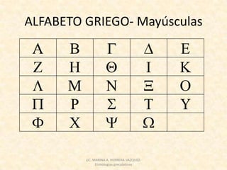 ALFABETO GRIEGO- Mayúsculas




         LIC. MARINA A. HERRERA VAZQUEZ-
               Etimologías grecolatinas
 