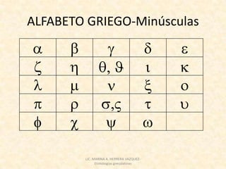 ALFABETO GRIEGO-Minúsculas




        LIC. MARINA A. HERRERA VAZQUEZ-
              Etimologías grecolatinas
 