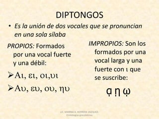 DIPTONGOS
• Es la unión de dos vocales que se pronuncian
  en una sola sílaba
PROPIOS: Formados           IMPROPIOS: Son l...