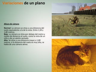 Altura de cámara
Normal: La cámara se sitúa a una distancia del
suelo equivalente a la de la vista. Entre 1,50 y
1,80 metros.
Baja: La cámara se sitúa por debajo del metro y
medio de distancia al suelo, como la vista de un
niño o de un adulto sentado.
Alta: Se sitúa a una distancia mayor a 1,80
metros, si la distancia del suelo es muy alta, se
habla de una cámara aérea.
Variaciones de un plano
 
