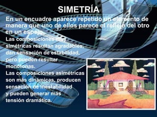 SIMETRÍA En un encuadre aparece repetido un elemento de manera que uno de ellos parece el reflejo del otro en un espejo.  Las composiciones muy  simétricas resultan agradables, dan sensación de estabilidad,  pero pueden resultar  monótonas.  Las composiciones asimétricas  son más dinámicas, producen  sensación de inestabilidad  y pueden generar más  tensión dramática. 