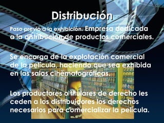 Distribución Paso previo a la exhibición.   Empresa dedicada a la distribución de productos comerciales.  Se encarga de la explotación comercial de la película, haciendo que sea exhibida en las salas cinematográficas. Los productores o titulares de derecho les ceden a los distribuidores los derechos necesarios para comercializar la película.  