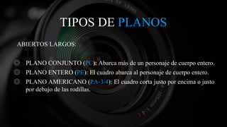 TIPOS DE PLANOS
ABIERTOS/LARGOS:
◎ PLANO CONJUNTO (PC): Abarca más de un personaje de cuerpo entero.
◎ PLANO ENTERO (PE): El cuadro abarca al personaje de cuerpo entero.
◎ PLANO AMERICANO (PA-3/4): El cuadro corta justo por encima o justo
por debajo de las rodillas.
 