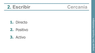 2. Escribir    Cercanía




                          Lenguaje Claro: Propuesta metodológica
 1. Directo

 2. Positivo

 3. Activo
 