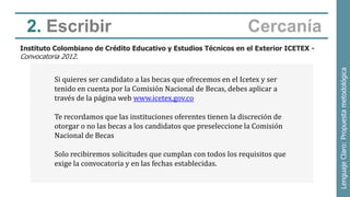 2. Escribir                                                        Cercanía
Instituto Colombiano de Crédito Educativo y Estudios Técnicos en el Exterior ICETEX -
Convocatoria 2012.




                                                                                        Lenguaje Claro: Propuesta metodológica
         Si quieres ser candidato a las becas que ofrecemos en el Icetex y ser
         tenido en cuenta por la Comisión Nacional de Becas, debes aplicar a
         través de la página web www.icetex.gov.co

         Te recordamos que las instituciones oferentes tienen la discreción de
         otorgar o no las becas a los candidatos que preseleccione la Comisión
         Nacional de Becas

         Solo recibiremos solicitudes que cumplan con todos los requisitos que
         exige la convocatoria y en las fechas establecidas.
 