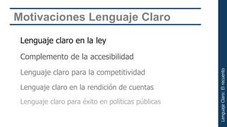 Motivaciones Lenguaje Claro
 Lenguaje claro en la ley
 Complemento de la accesibilidad
 Lenguaje claro para la competitividad




                                                   Lenguaje Claro: El recuento
 Lenguaje claro en la rendición de cuentas
 Lenguaje claro para éxito en políticas públicas
 