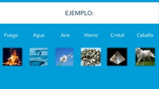 EJEMPLO:
Fuego Agua Aire Hierro Cristal Caballo
 