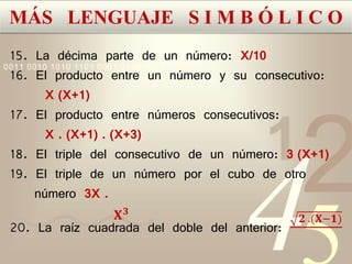 421
0011 0010 1010 1101 0001 0100 1011
MÁS LENGUAJE S I M B Ó L I C O
15. La décima parte de un número: X/10
16. El producto entre un número y su consecutivo:
X (X+1)
17. El producto entre números consecutivos:
X . (X+1) . (X+3)
18. El triple del consecutivo de un número: 3 (X+1)
19. El triple de un número por el cubo de otro
número 3X .
20. La raíz cuadrada del doble del anterior:
𝟐 .(𝐗−𝟏)𝐗 𝟑
 