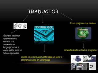 TRADUCTOR

                                                                          Es un programa que traduce




Es aquel traductor
que tiene como
entrada una
sentencia en
lenguaje formal y
como salida tiene un                                                convierte desde un texto o programa
fichero ejecutable
                   escrito en un lenguaje fuente hasta un texto o
                   programa escrito en un lenguaje
 