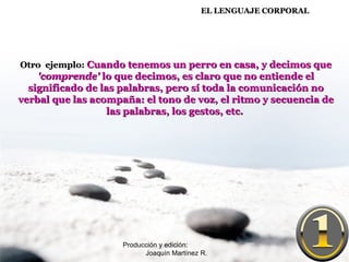 Producción y edición:  Joaquín Martínez R. EL LENGUAJE CORPORAL   Otro  ejemplo:  Cuando tenemos un perro en casa, y decimos que  'comprende'  lo que decimos, es claro que no entiende el significado de las palabras, pero sí toda la comunicación no verbal que las acompaña: el tono de voz, el ritmo y secuencia de las palabras, los gestos, etc.   