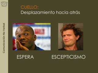 ComunicaciónNoVerbal
CUELLO:
Desplazamiento hacia atrás
ESPERA ESCEPTICISMO
 