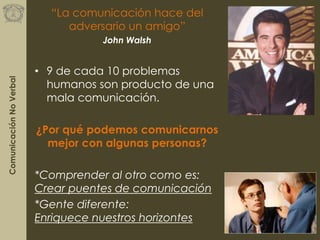 ComunicaciónNoVerbal “La comunicación hace del
adversario un amigo”
John Walsh
• 9 de cada 10 problemas
humanos son producto de una
mala comunicación.
¿Por qué podemos comunicarnos
mejor con algunas personas?
*Comprender al otro como es:
Crear puentes de comunicación
*Gente diferente:
Enriquece nuestros horizontes
 