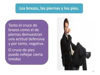 Los brazos, las piernas y los pies.


Tanto el cruce de
brazos como el de
piernas demuestran
una actitud defensiva
y por tanto, negativa.
El cruce de pies
puede reflejar cierta
timidez

                                            10
 