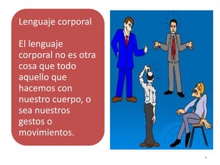 Lenguaje corporal

El lenguaje
corporal no es otra
cosa que todo
aquello que
hacemos con
nuestro cuerpo, o
sea nuestros
gestos o
movimientos.

                      4
 