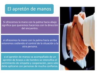 El apretón de manos

 Si ofrecemos la mano con la palma hacia abajo
significa que queremos hacernos con la dirección
                  del encuentro.



 si ofrecemos la mano con la palma hacia arriba
estaremos cediendo el control de la situación a la
                  otra persona.


  si el apretón de manos va acompañado de un
 apretón de brazos o de hombro se intensifica el
sentimiento de simpatía y cooperación, pero sólo
debe aplicarse con personas de mucha confianza.
                                                     9
 