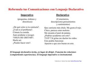 Reformula tus Comunicaciones con Lenguaje Declarativo 
Declarativo 
(Comentarios, 
descripciones,pensamientos 
y sentimientos) 
Que camiseta más chula. Me gusta el rojo. 
Chico, pareces estar molesto. 
Me encanta el puré de patatas. 
¿Podrías ayudarme con esto?. 
!!Uff !! Si gritas me duelen los oidos. 
Esto podría funcionar. 
Apuesto a que eres bueno en esto. 
El lenguaje declarativo invita, en lugar de dirigir. Fomenta las relaciones 
(compartiendo experiencias). El lenguaje imperativo es instrumental. 
Traducido por Juanma Cano desde Autism Discussion Page 
Imperativo 
(preguntas, órdenes y 
directrices) 
¿De qué color es tu camiseta?. 
¿Cuál es el problema?. 
Cómete la comida. 
Juan ayúdame a recoger. 
!!DEJA DE GRITAR!!. 
Hazlo así. 
¿Puedes hacer esto?. 
 