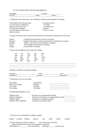 EVALUACIÓN LENGUAJE DE DESARROLLO
NOMBRE:______________________________CURSO__________________
FECHA:_________________________PTJE.______________NOTA:________
1.-Relaciona estas situaciones con el medio que utilizan para transmitir el mensaje.
Conversación entre dos personas La lengua escrita
La sirena de una ambulancia El sonido
Alguien escribe una carta La lengua oral
Luz verde del semáforo El gesto
Un dedo sobre los labios para La luz y el calor
indicar silencio.
2.-Según los factores de la comunicación,relaciona sus funciones uniéndolos con una linea.
Emisor Contenido que transmite el emisor al receptor
Receptor Conjuntos de signos y normas que permiten comprender el mensaje
Mensaje Medio a través del cuál se transmite el mensaje
Canal El encargado de transmitir el mensaje
Código El que recibe el mensaje
3.-Forma once palabras con las siguientes sílabas
TE PA TO LO BO
MU LO LUZ FO LI
CO MA XI TO GRA
BA RED JA GRA FO
LON HE SOL FO GU
________________________________________________________________________________
________________________________________________________________________________
________________________________________________________________________________
4.Separá en sílaba las siguientes palabras
máquina=_________________________ mesa=____________________ red=_________________
polisílabos=_______________________ paredes=____________________helicóptero=____________
5.-Relaciona y une con una linea.
Dos sílabas monosílabas _______________________
Más de tres sílabas Bisílabas _______________________
Una sílaba Trisílaba _______________________
Tres sílabas Polisílaba ________________________
6.-Relaciona,ejemplifica y une.
Palabras grave Acentuan en la antepenúltima sílaba ______________
Palabras esdrújulas Acetúan en la anterior a la antepenúltima sílaba _____________
Palabras aguda Acentúan en la penúltima sílaba _____________
Palabras sobre esdrújulas Acentúan en la última sílaba _____________
7.-Encierra en un restángulo las aplabras agudas
paisaje narrador temblor tránsito rico árbol olvidó compás
8.-Tubo=elemento de forma cilindrica tuvo=forma del verbo tener.
Según las definiciones anteriores completa las oraciones.
a)Se rompió un __________de la calefacción b)Enrique _______mucha suerte
 