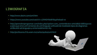 LINKOGRAFIA
• http://www.docirs.com/uml.htm
• https://www.youtube.com/watch?v=2ZNNDY80BiY&spfreload=10
• http://aprenderaprogramar.com/index.php?option=com_content&view=article&id=688:ique-es-
y-para-que-sirve-uml-versiones-de-uml-lenguaje-unificado-de-modelado-tipos-de-diagramas-
uml&catid=46:lenguajes-y-entornos&Itemid=163
• http://profesores.fi-b.unam.mx/carlos/aydoo/uml.html
 