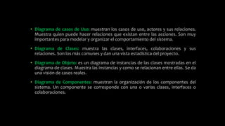 • Diagrama de casos de Uso: muestran los casos de uso, actores y sus relaciones.
Muestra quien puede hacer relaciones que existan entre las acciones. Son muy
importantes para modelar y organizar el comportamiento del sistema.
• Diagrama de Clases: muestra las clases, interfaces, colaboraciones y sus
relaciones. Son los más comunes y dan una vista estadística del proyecto.
• Diagrama de Objeto: es un diagrama de instancias de las clases mostradas en el
diagrama de clases. Muestra las instancias y como se relacionan entre ellas. Se da
una visión de casos reales.
• Diagrama de Componentes: muestran la organización de los componentes del
sistema. Un componente se corresponde con una o varias clases, interfaces o
colaboraciones.
 