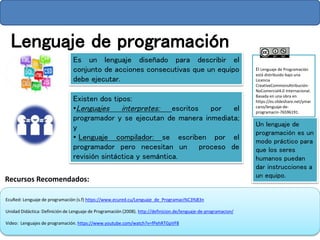 Un lenguaje de
programación es un
modo práctico para
que los seres
humanos puedan
dar instrucciones a
un equipo.
Lenguaje de programación
El Lenguaje de Programación
está distribuido bajo una
Licencia
CreativeCommonsAtribución-
NoComercial4.0 Internacional.
Basada en una obra en
https://https://es.slideshare.n
et/ymarcano/lenguaje-de-
programacin-76596780
Recursos Recomendados:
EcuRed: Lenguaje de programación (s.f) https://www.ecured.cu/Lenguaje_de_Programaci%C3%B3n
Unidad Didáctica: Definición de Lenguaje de Programación (2008). http://definicion.de/lenguaje-de-programacion/
Video: Lenguajes de programación. https://www.youtube.com/watch?v=fPehRTGpVF8
Es un lenguaje diseñado para describir el
conjunto de acciones consecutivas que un equipo
debe ejecutar.
Existen dos tipos:
•Lenguajes interpretes: escritos por el
programador y se ejecutan de manera inmediata;
y
• Lenguaje compilador: se escriben por el
programador pero necesitan un proceso de
revisión sintáctica y semántica.
 