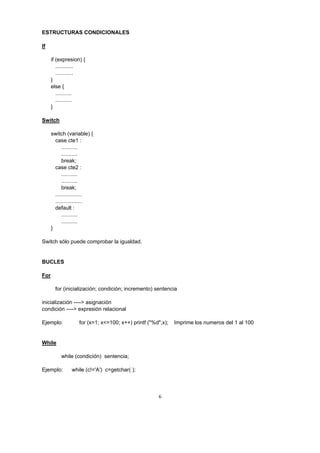 6
ESTRUCTURAS CONDICIONALES
If
if (expresion) {
............
............
}
else {
...........
...........
}
Switch
switch (variable) {
case cte1 :
...........
...........
break;
case cte2 :
...........
...........
break;
..................
..................
default :
...........
...........
}
Switch sólo puede comprobar la igualdad.
BUCLES
For
for (inicialización; condición; incremento) sentencia
inicialización ----> asignación
condición ----> expresión relacional
Ejemplo: for (x=1; x<=100; x++) printf ("%d",x); Imprime los numeros del 1 al 100
While
while (condición) sentencia;
Ejemplo: while (c!='A') c=getchar( );
 