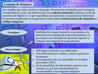 Lenguaje de Maquina:

Son aquéllos que están escritos en lenguajes directamente inteligibles por la máquina
(computadora), ya que sus instrucciones son cadenas binarias (cadenas o series de
caracteres de dígitos 0 y 1) que especifican una operación y las posiciones (dirección)
de memoria implicadas en la operación se denominan instrucciones de máquina o
código máquina.



    Ventajas :                Posibilidad de cargar (transferir un programa a la
                              memoria) sin necesidad de traducción posterior, lo
                              que supone una velocidad de ejecución superior a
                              cualquier otro lenguaje de programación.


  Desventajas :            1. Dificultad y lentitud en la codificación.
                           2. Gran dificultad para verificar y poner a punto los
                              programas.
                           3. Los programas solo son ejecutables en el mismo
                              procesador (CPU).
                           4. En la actualidad, las desventajas superan a las
                              ventajas, lo que hace prácticamente no
                              recomendables a los lenguajes máquinas.
 