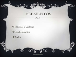 ELEMENTOS
Variables y Vectores
Condicionantes
Bucles
jennyfer sullon cedillo
 
