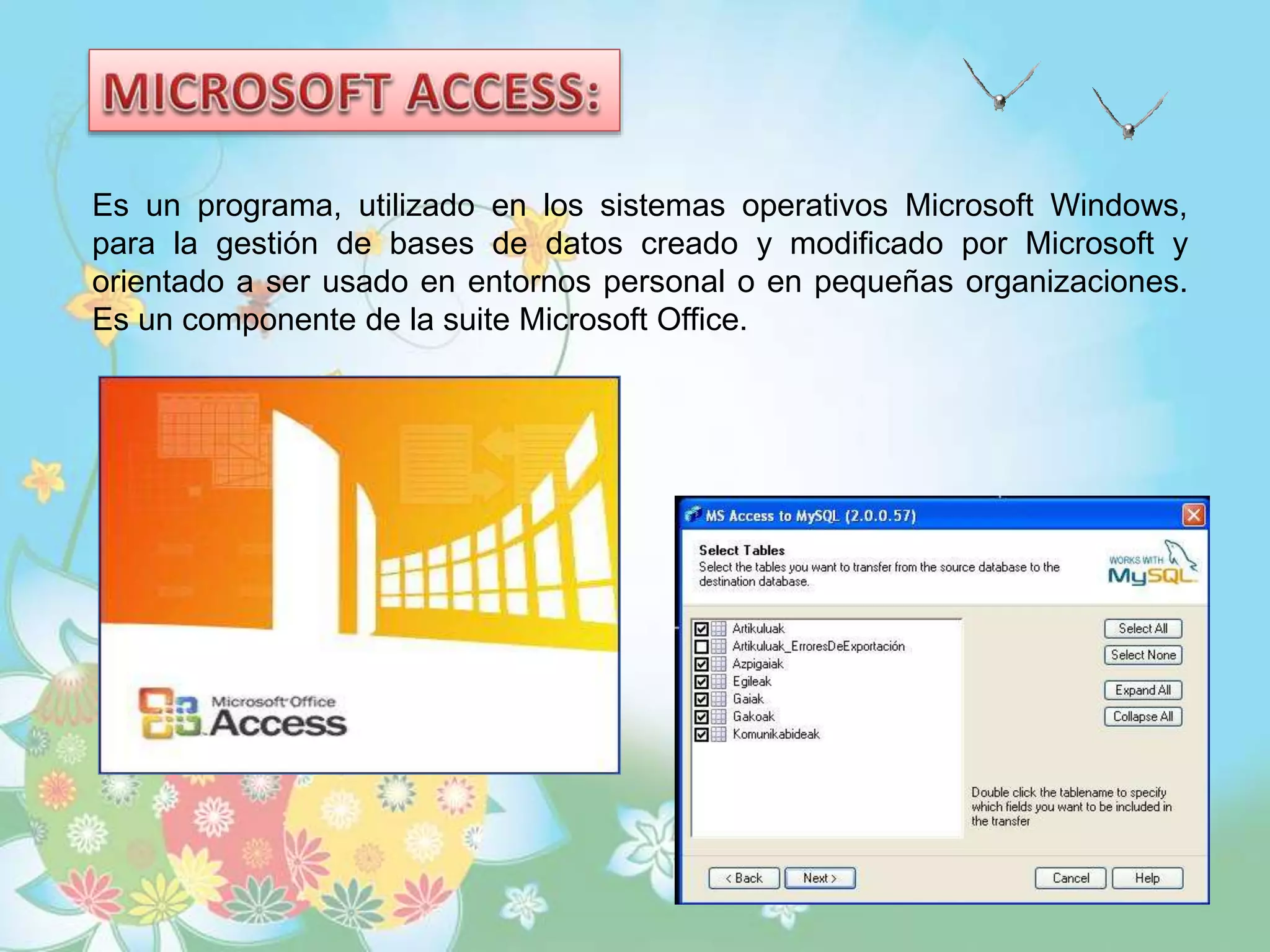 Es un programa, utilizado en los sistemas operativos Microsoft Windows,
para la gestión de bases de datos creado y modificado por Microsoft y
orientado a ser usado en entornos personal o en pequeñas organizaciones.
Es un componente de la suite Microsoft Office.
 