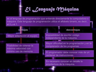 es el lenguaje de programación que entiende directamente la computadora o
máquina. Este lenguaje de programación utiliza el alfabeto binario, es decir,
el 0 y el 1.

          ventajas                                      desventajas

Mayor adaptación al equipo.         Imposibilidad de escribir código
                                    independiente de la máquina.

                                    Mayor dificultad en la programación y en la
Posibilidad de obtener la           comprensión de los programas.
máxima velocidad con
mínimo uso de memoria               El programador debe conocer más de un
                                    centenar de instrucciones.

                                    Es necesario conocer en detalle la
                                    arquitectura de la máquina.
 