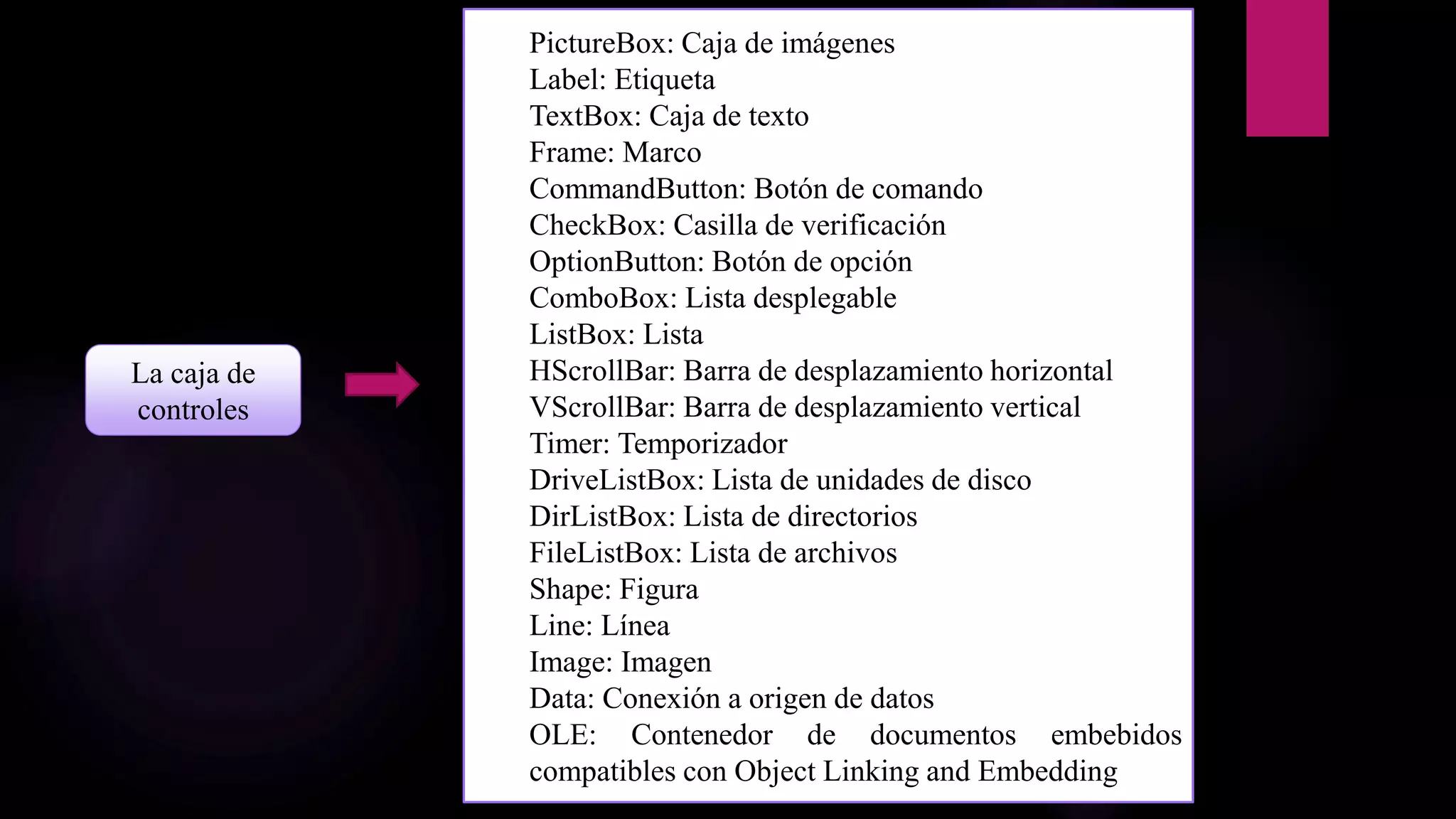 La caja de
controles
PictureBox: Caja de imágenes
Label: Etiqueta
TextBox: Caja de texto
Frame: Marco
CommandButton: Botón de comando
CheckBox: Casilla de verificación
OptionButton: Botón de opción
ComboBox: Lista desplegable
ListBox: Lista
HScrollBar: Barra de desplazamiento horizontal
VScrollBar: Barra de desplazamiento vertical
Timer: Temporizador
DriveListBox: Lista de unidades de disco
DirListBox: Lista de directorios
FileListBox: Lista de archivos
Shape: Figura
Line: Línea
Image: Imagen
Data: Conexión a origen de datos
OLE: Contenedor de documentos embebidos
compatibles con Object Linking and Embedding
 