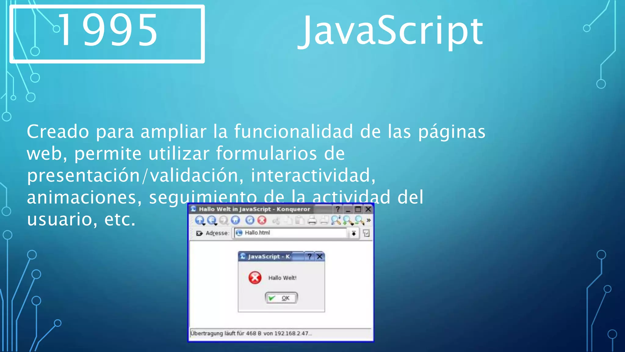 1995 JavaScript
Creado para ampliar la funcionalidad de las páginas
web, permite utilizar formularios de
presentación/validación, interactividad,
animaciones, seguimiento de la actividad del
usuario, etc.
 