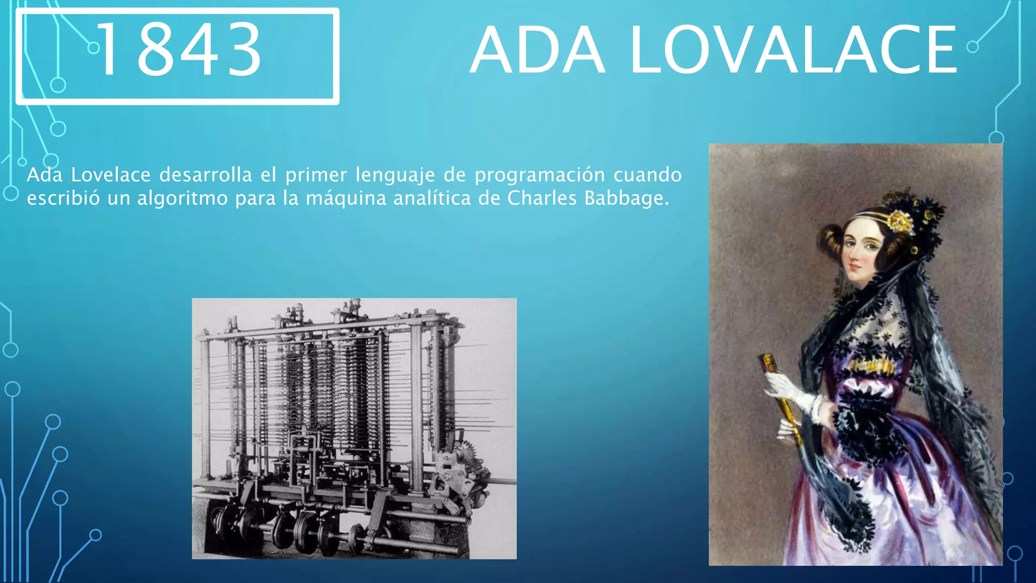 1843 ADA LOVALACE
Ada Lovelace desarrolla el primer lenguaje de programación cuando
escribió un algoritmo para la máquina analítica de Charles Babbage.
 
