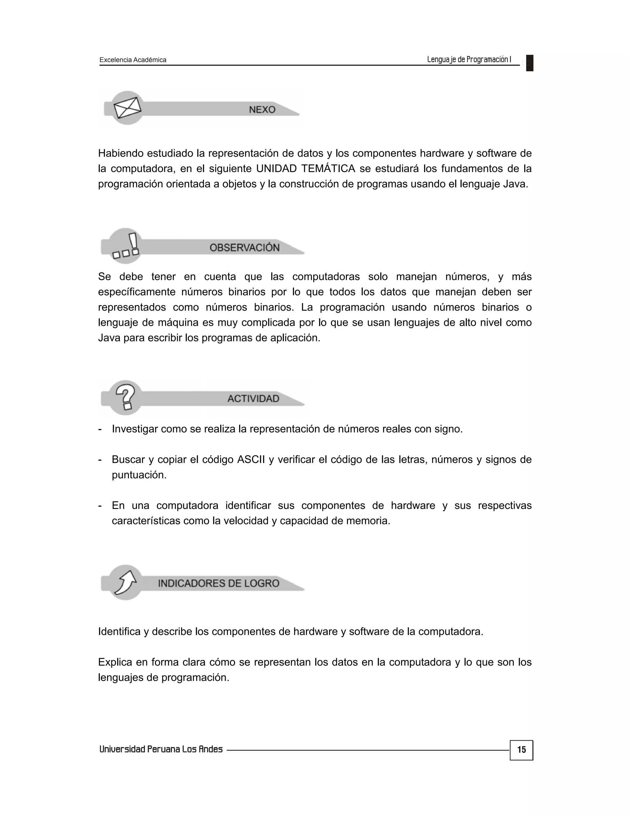 Excelencia Académica
15
Habiendo estudiado la representación de datos y los componentes hardware y software de
la computadora, en el siguiente UNIDAD TEMÁTICA se estudiará los fundamentos de la
programación orientada a objetos y la construcción de programas usando el lenguaje Java.
Se debe tener en cuenta que las computadoras solo manejan números, y más
específicamente números binarios por lo que todos los datos que manejan deben ser
representados como números binarios. La programación usando números binarios o
lenguaje de máquina es muy complicada por lo que se usan lenguajes de alto nivel como
Java para escribir los programas de aplicación.
- Investigar como se realiza la representación de números reales con signo.
- Buscar y copiar el código ASCII y verificar el código de las letras, números y signos de
puntuación.
- En una computadora identificar sus componentes de hardware y sus respectivas
características como la velocidad y capacidad de memoria.
Identifica y describe los componentes de hardware y software de la computadora.
Explica en forma clara cómo se representan los datos en la computadora y lo que son los
lenguajes de programación.
 
