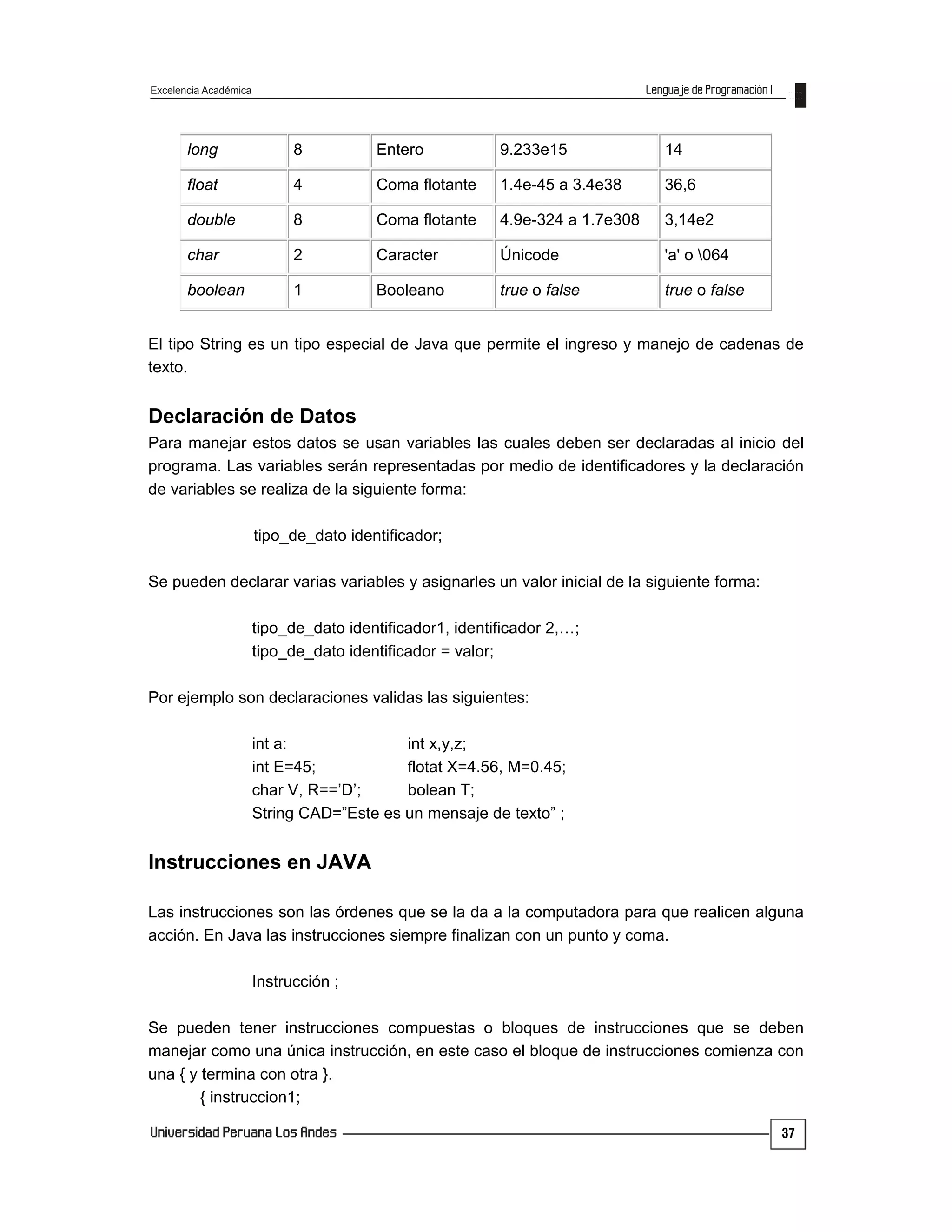 Excelencia Académica
37
long 8 Entero 9.233e15 14
float 4 Coma flotante 1.4e-45 a 3.4e38 36,6
double 8 Coma flotante 4.9e-324 a 1.7e308 3,14e2
char 2 Caracter Únicode 'a' o 064
boolean 1 Booleano true o false true o false
El tipo String es un tipo especial de Java que permite el ingreso y manejo de cadenas de
texto.
Declaración de Datos
Para manejar estos datos se usan variables las cuales deben ser declaradas al inicio del
programa. Las variables serán representadas por medio de identificadores y la declaración
de variables se realiza de la siguiente forma:
tipo_de_dato identificador;
Se pueden declarar varias variables y asignarles un valor inicial de la siguiente forma:
tipo_de_dato identificador1, identificador 2,…;
tipo_de_dato identificador = valor;
Por ejemplo son declaraciones validas las siguientes:
int a: int x,y,z;
int E=45; flotat X=4.56, M=0.45;
char V, R==’D’; bolean T;
String CAD=”Este es un mensaje de texto” ;
Instrucciones en JAVA
Las instrucciones son las órdenes que se la da a la computadora para que realicen alguna
acción. En Java las instrucciones siempre finalizan con un punto y coma.
Instrucción ;
Se pueden tener instrucciones compuestas o bloques de instrucciones que se deben
manejar como una única instrucción, en este caso el bloque de instrucciones comienza con
una { y termina con otra }.
{ instruccion1;
 