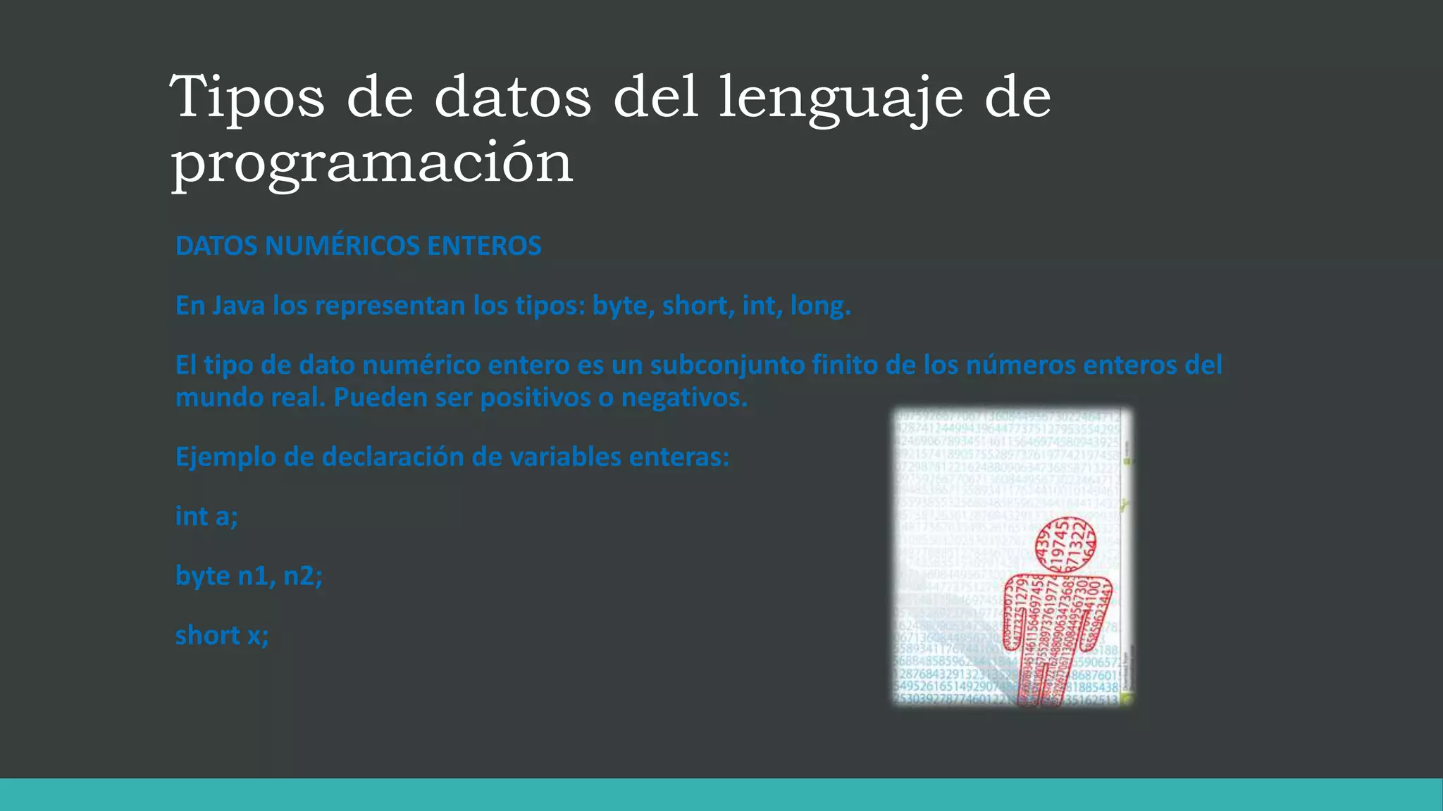 Tipos de datos del lenguaje de
programación
DATOS NUMÉRICOS ENTEROS
En Java los representan los tipos: byte, short, int, long.
El tipo de dato numérico entero es un subconjunto finito de los números enteros del
mundo real. Pueden ser positivos o negativos.
Ejemplo de declaración de variables enteras:
int a;
byte n1, n2;
short x;
 