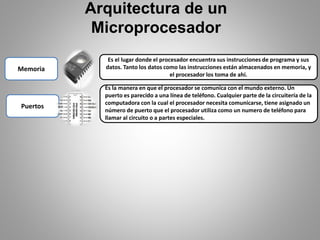 Arquitectura de un
Microprocesador
Memoria
Es el lugar donde el procesador encuentra sus instrucciones de programa y sus
datos. Tanto los datos como las instrucciones están almacenados en memoria, y
el procesador los toma de ahí.
.
Puertos
Es la manera en que el procesador se comunica con el mundo externo. Un
puerto es parecido a una línea de teléfono. Cualquier parte de la circuitería de la
computadora con la cual el procesador necesita comunicarse, tiene asignado un
número de puerto que el procesador utiliza como un numero de teléfono para
llamar al circuito o a partes especiales.
 